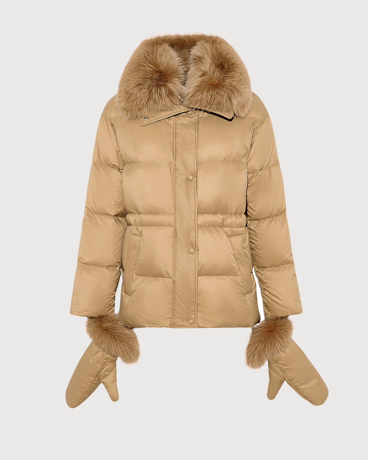 Doudoune en tissu technique imperméable avec col et moufles en fourrure de renard - Yves Salomon - Nouvelle collection Automne Hiver