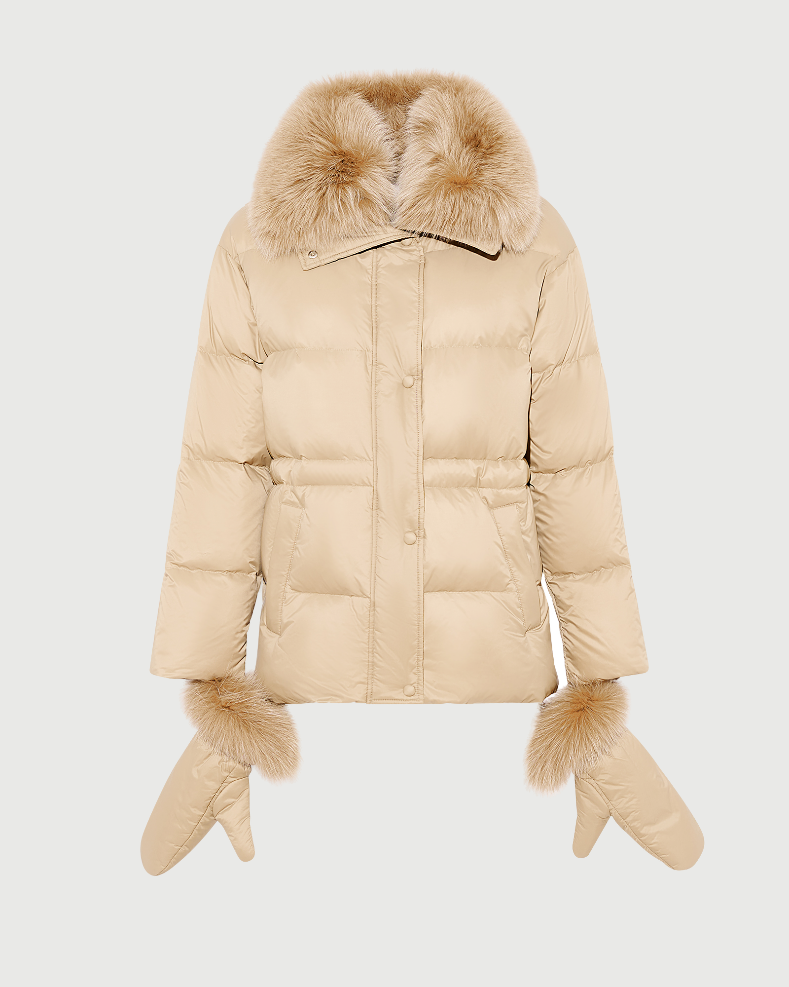 Doudoune en tissu technique imperméable avec col et moufles en fourrure de renard- Yves Salomon - Nouvelle collection Automne Hiver