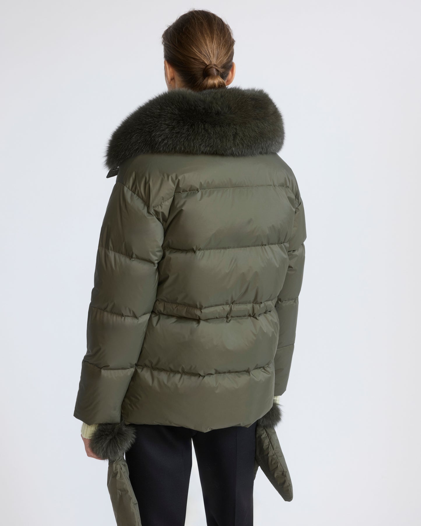 Down jacket in waterproof technical fabric with mittens and fox fur trim