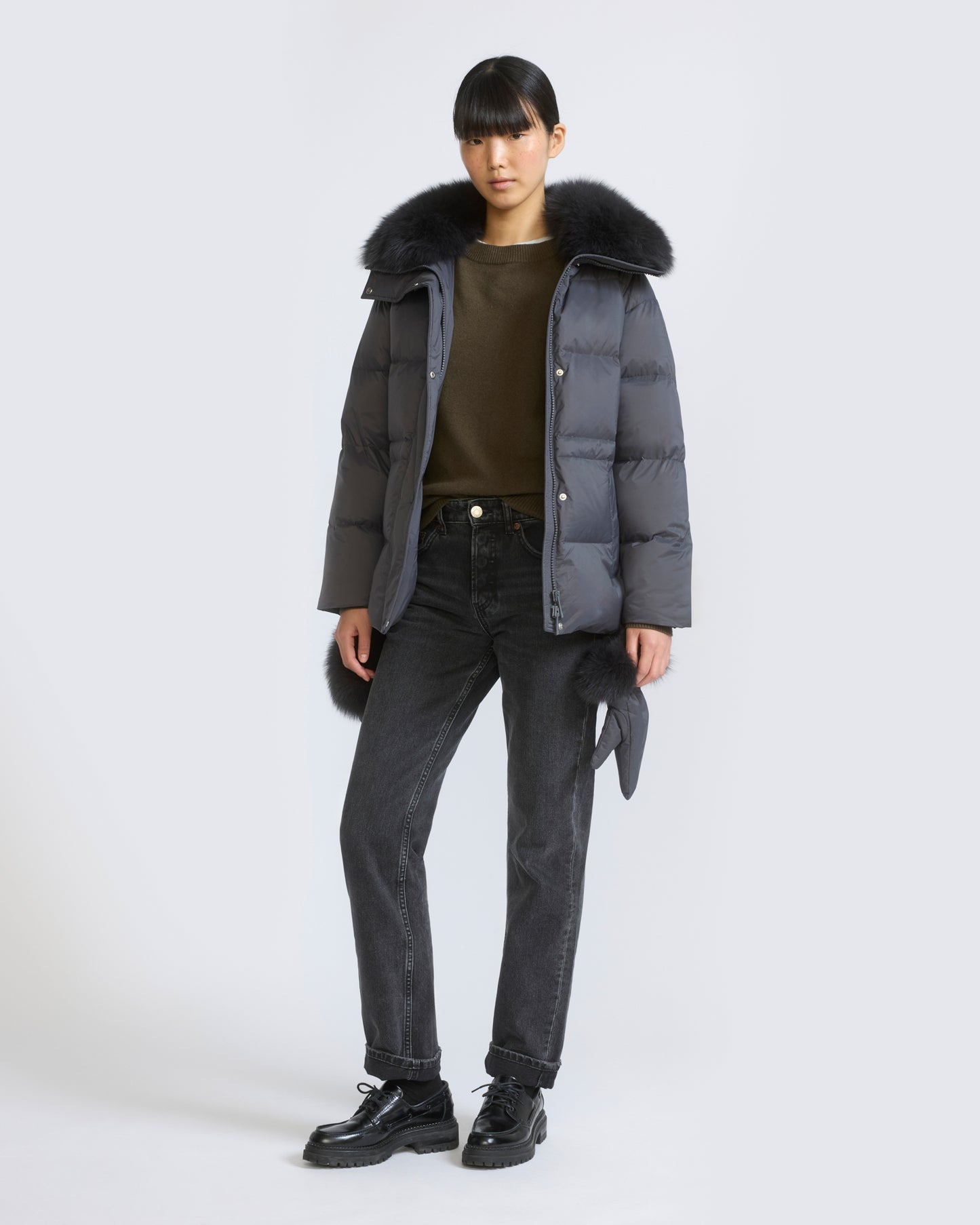 Down jacket in waterproof technical fabric with mittens and fox fur trim