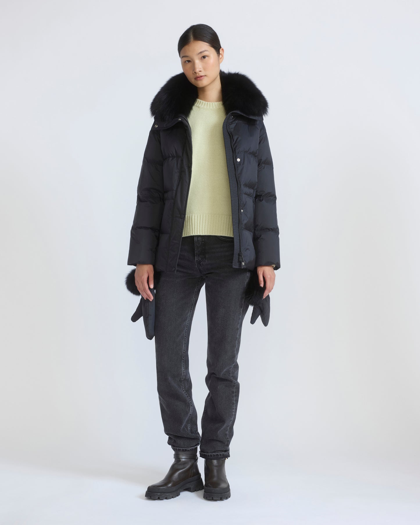 Down jacket in waterproof technical fabric with mittens and fox fur trim