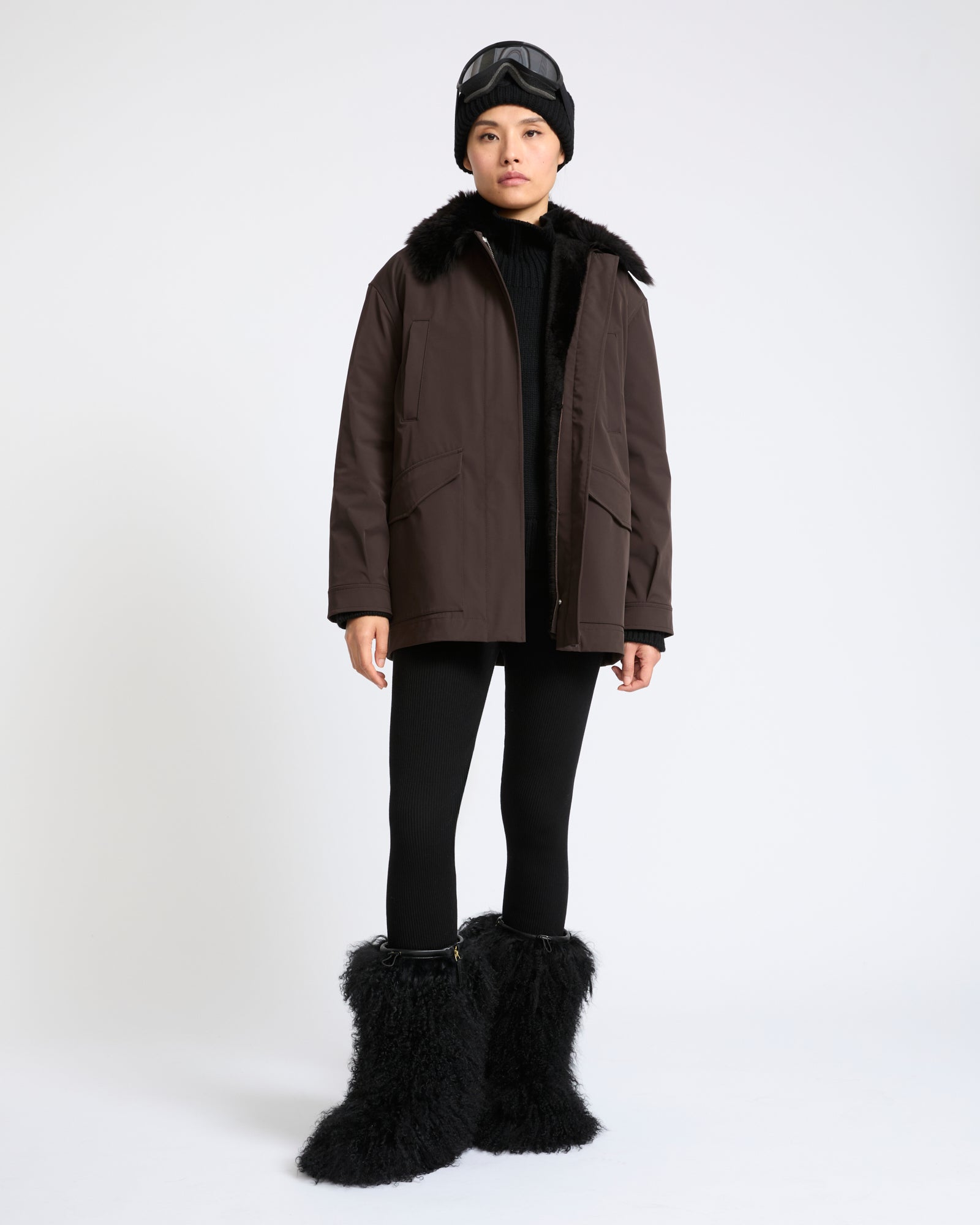Parka col chemise en tissu technique imperméable et peau lainée d'agneau- Yves Salomon - Nouvelle collection Automne Hiver