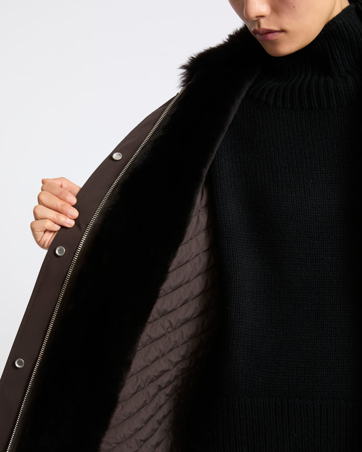 Parka col chemise en tissu technique imperméable et peau lainée d'agneau- Yves Salomon - Nouvelle collection Automne Hiver