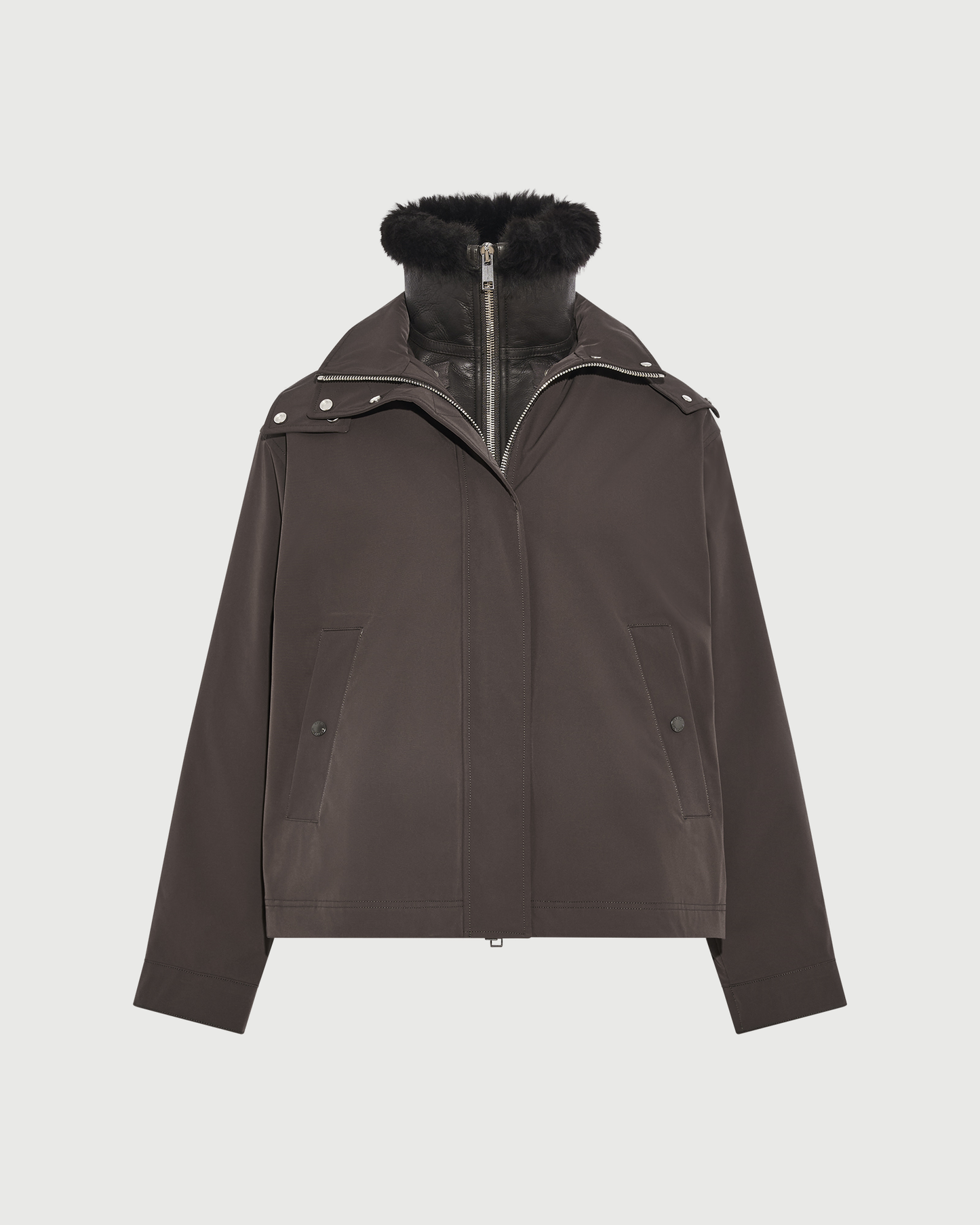Parka courte à capuche en tissu technique imperméable et peau lainée d'agneau- Yves Salomon - Nouvelle collection Automne Hiver