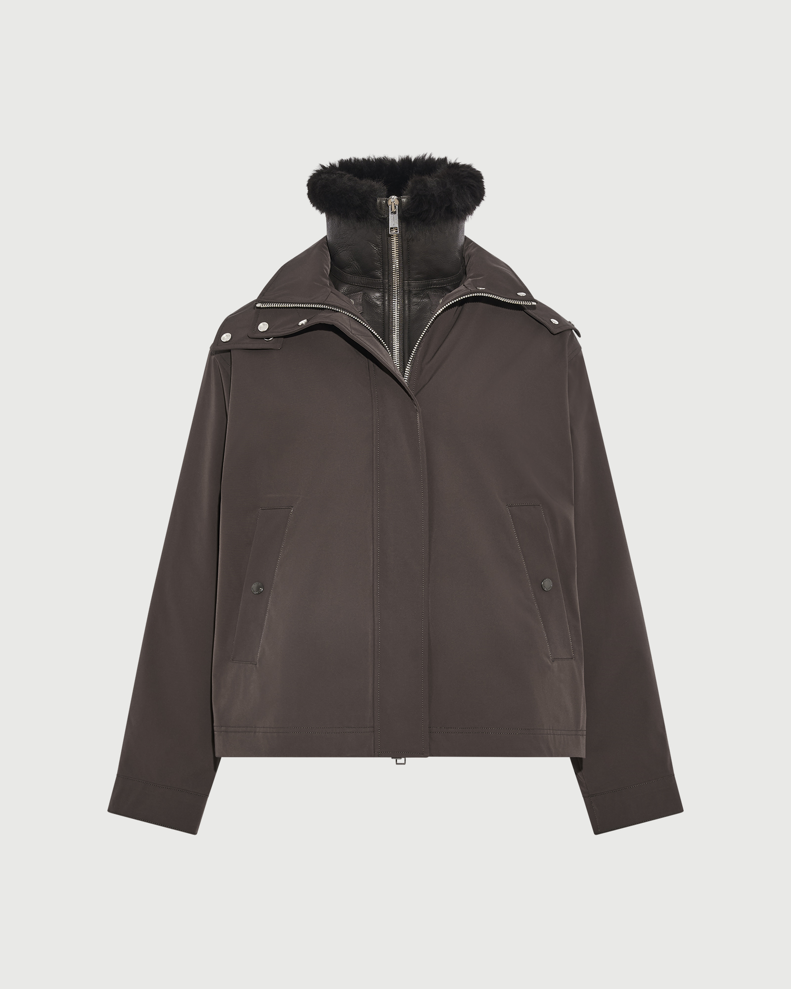 Parka courte à capuche en tissu technique imperméable et peau lainée d'agneau- Yves Salomon - Nouvelle collection Automne Hiver
