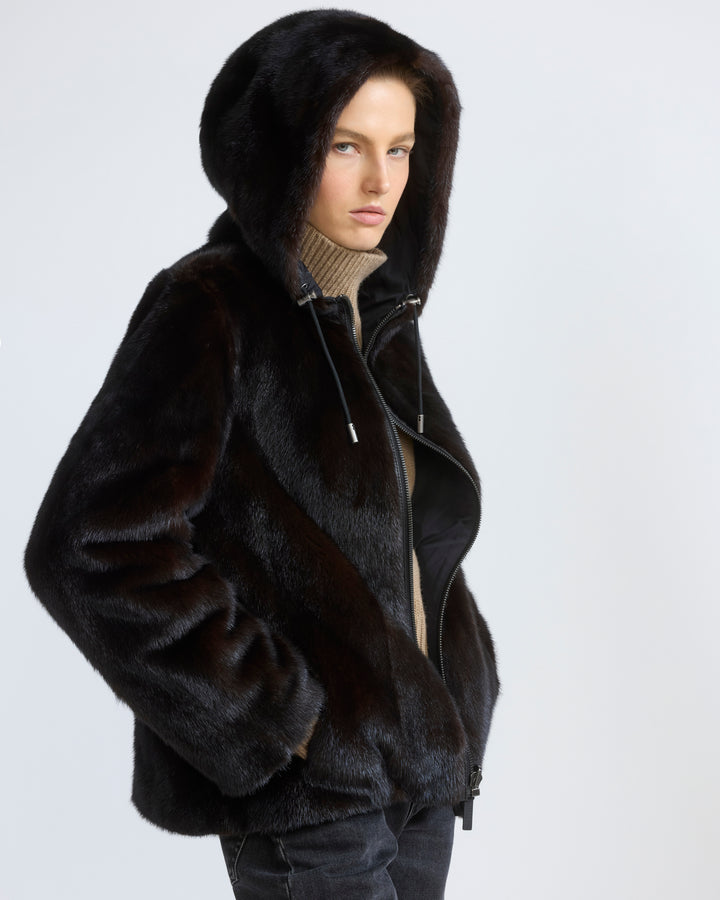 Veste à capuche en tissu technique déperlant réversible avec fourrure de vison
