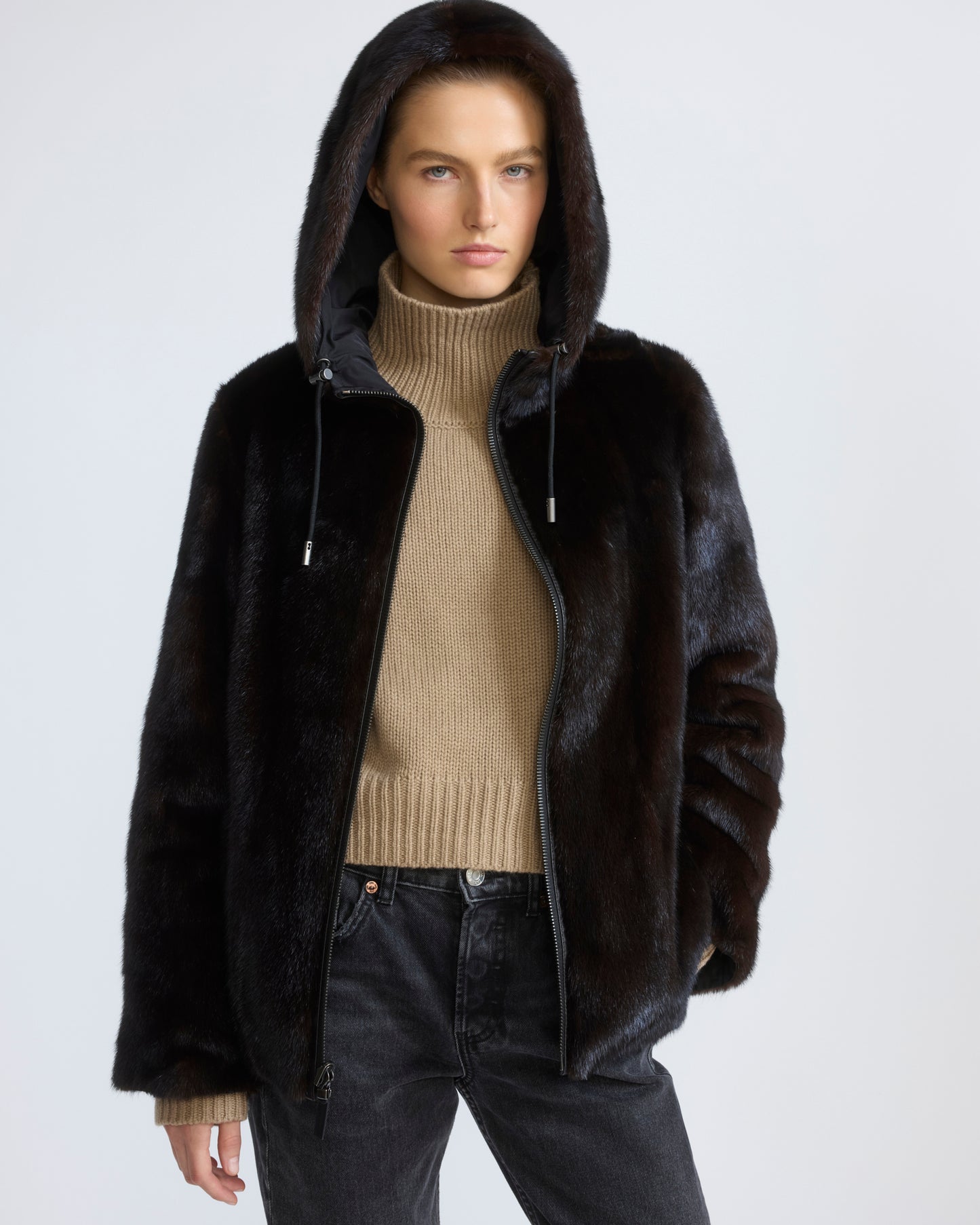 Reversible water-repellent technical fabric hooded jacket with mink fur