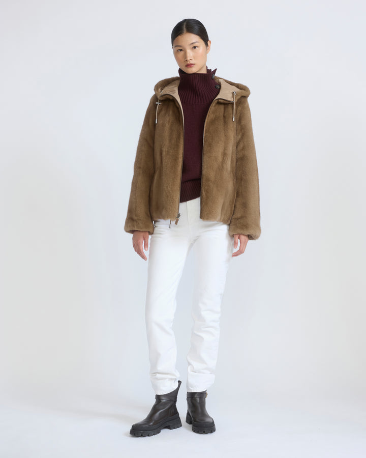 Veste à capuche en tissu technique déperlant réversible avec fourrure de vison