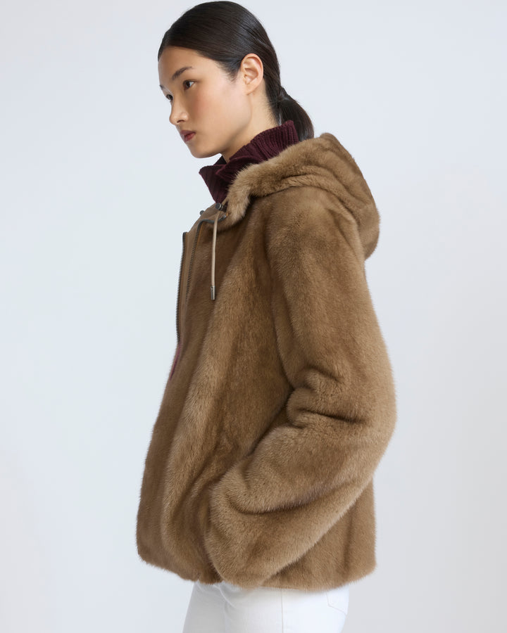 Veste à capuche en tissu technique déperlant réversible avec fourrure de vison
