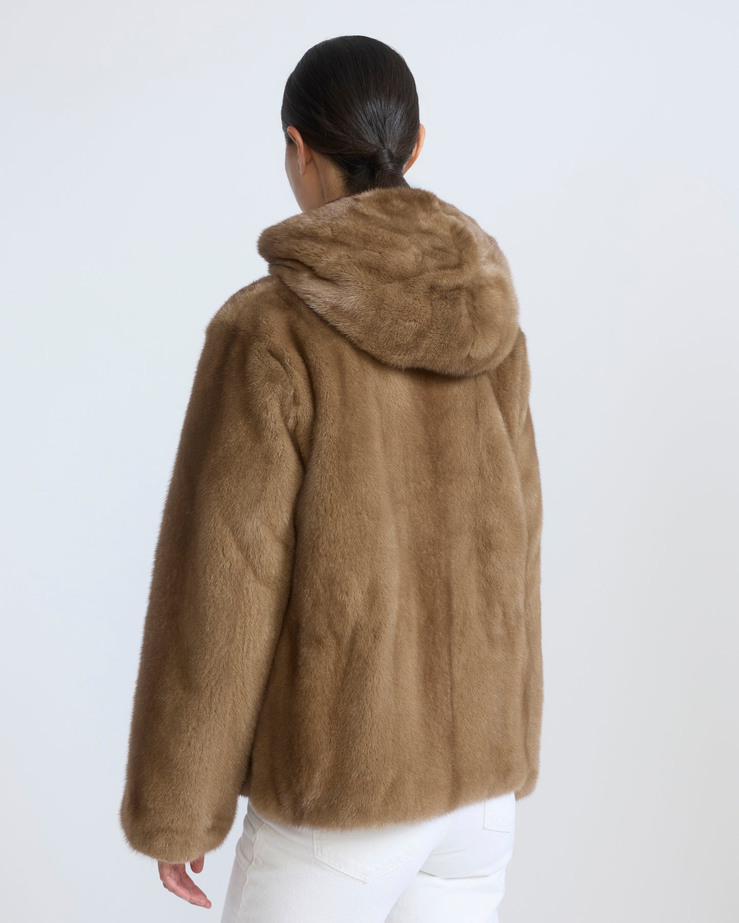 Reversible water-repellent technical fabric hooded jacket with mink fur