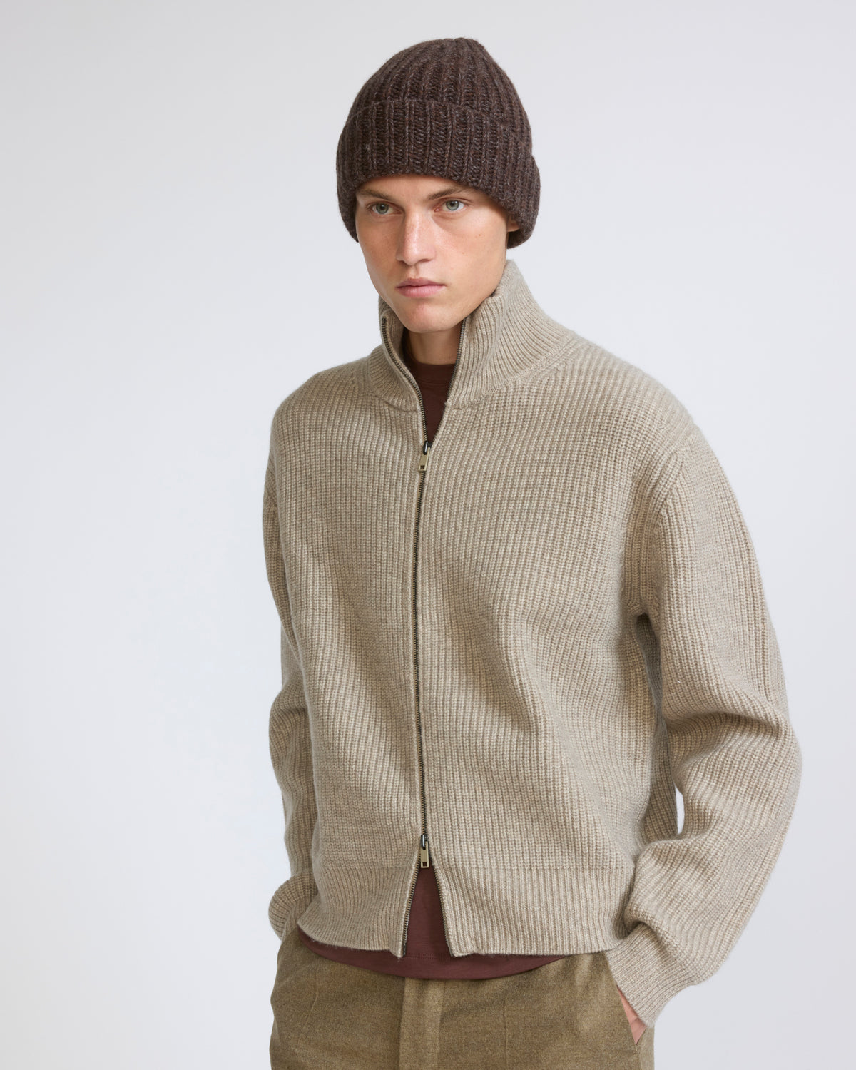 Pull zippé en maille en laine et cachemire