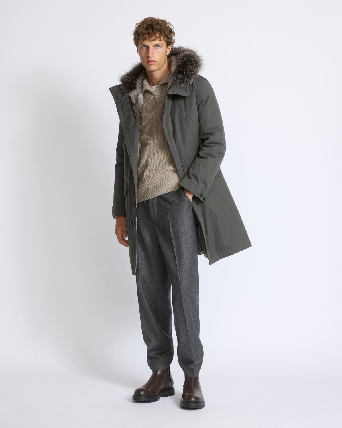 Parka longue en coton mélangé doublée en fourrure de renard et de lapin - Yves Salomon - Nouvelle collection Automne Hiver