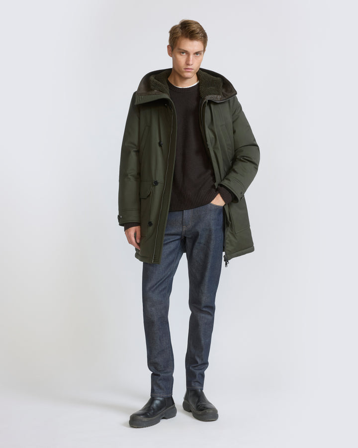 Parka longue en tissu technique laine mélangée waterproof et peau lainée d'agneau