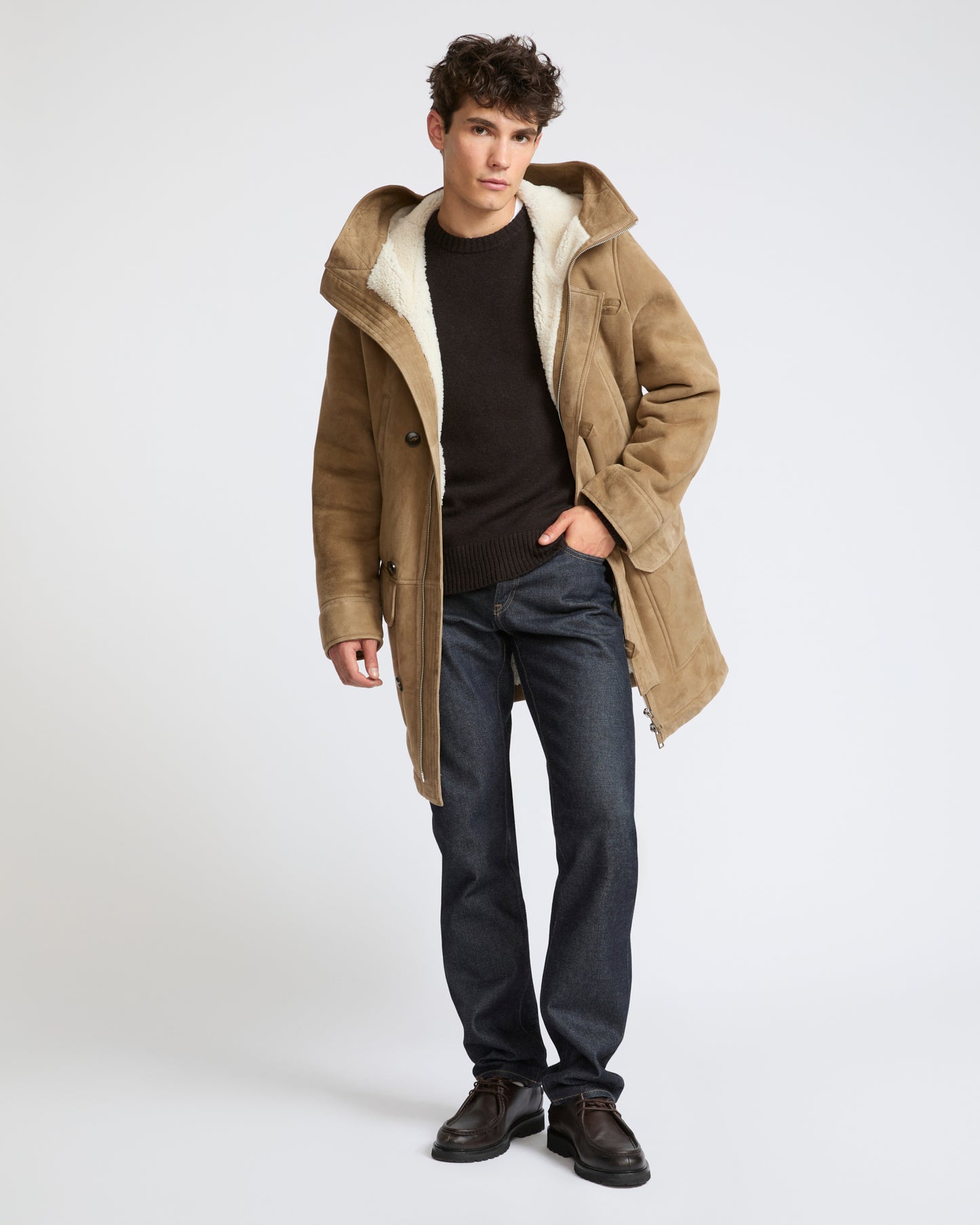 Parka en peau lainée suède d'agneau à laine bouclée- Yves Salomon - Nouvelle collection Automne Hiver