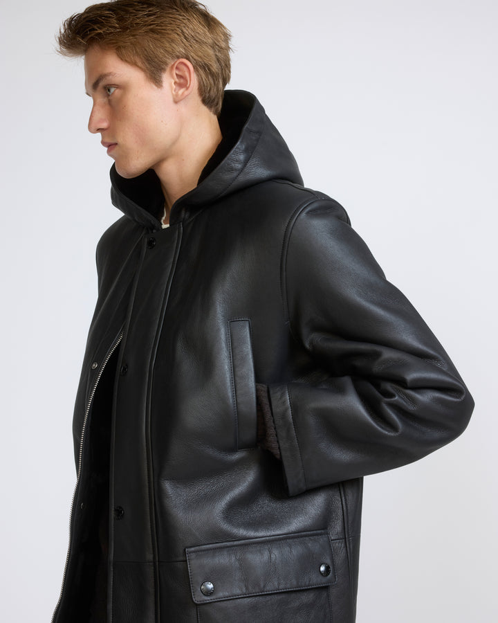 Silky straight lambskin wool shearling hooded coat