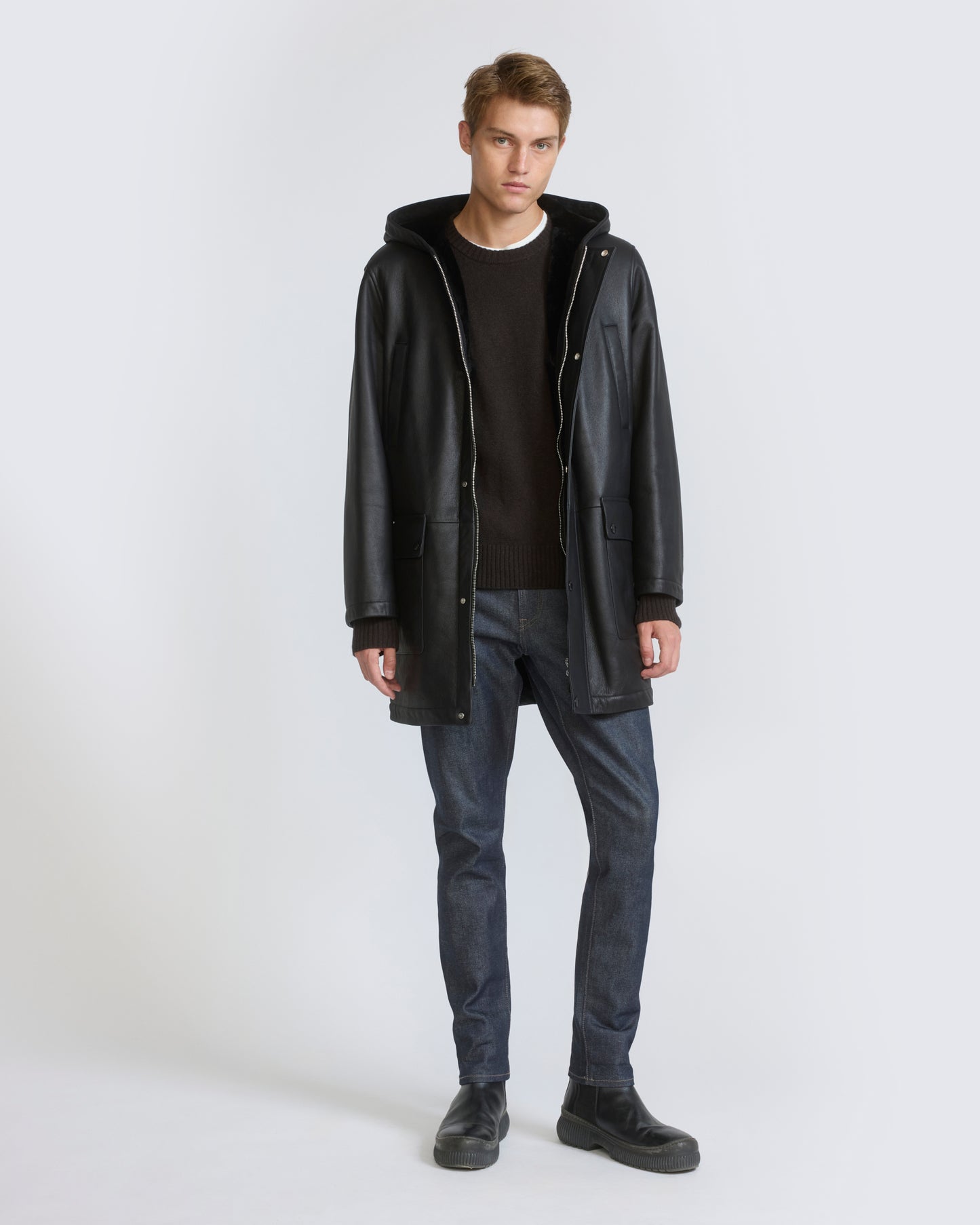 Silky straight lambskin wool shearling hooded coat