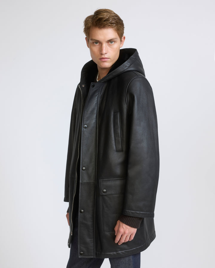 Silky straight lambskin wool shearling hooded coat