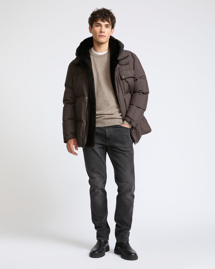 Doudoune en tissu technique avec plastron en peau lainée d'agneau- Yves Salomon - Nouvelle collection Automne Hiver