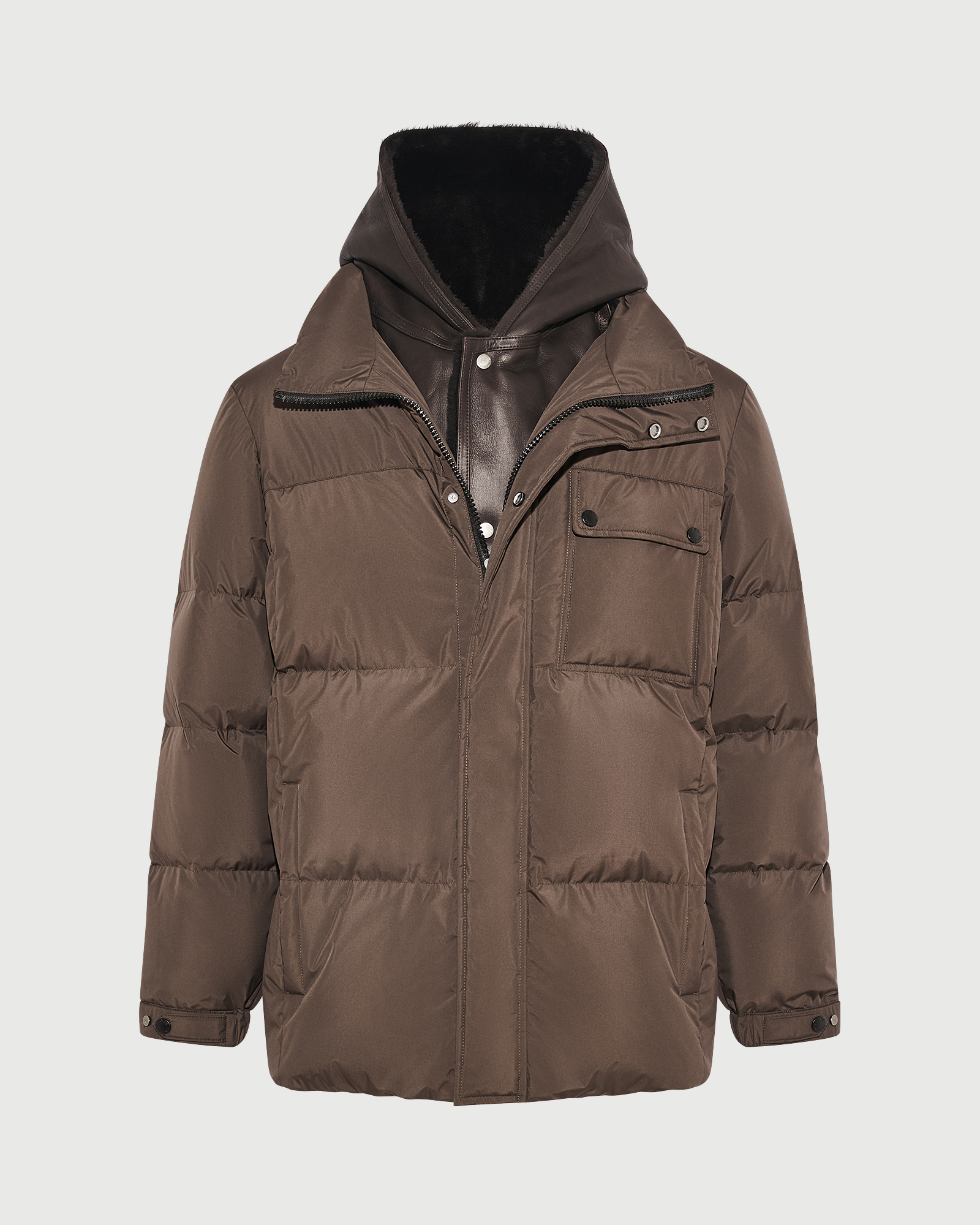 Doudoune en tissu technique avec plastron en peau lainée d'agneau- Yves Salomon - Nouvelle collection Automne Hiver