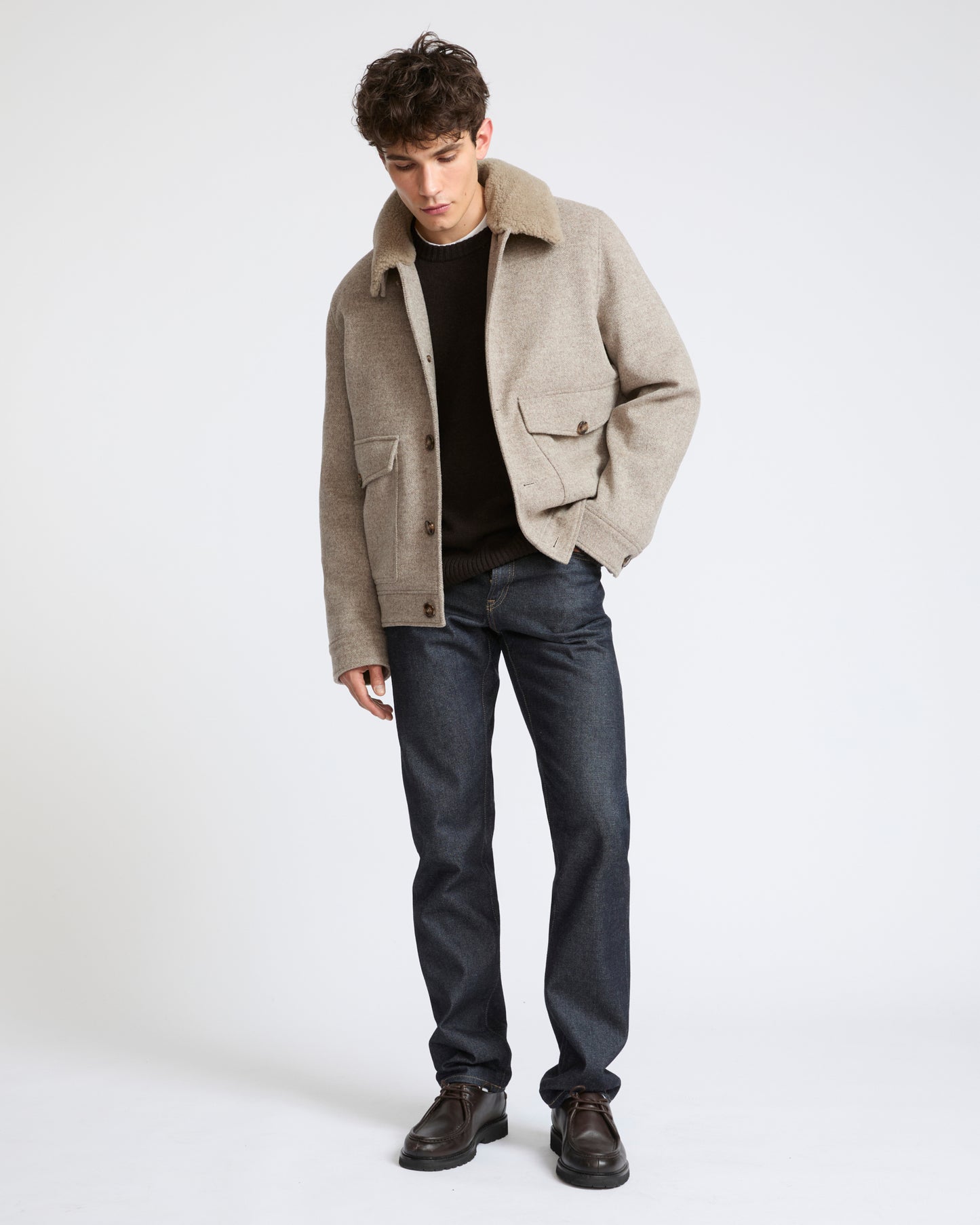 Veste en tissu en lainage chevron avec col en peau lainée d'agneau- Yves Salomon - Nouvelle collection Automne Hiver