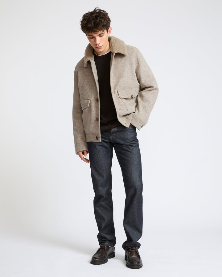 Veste en tissu en lainage chevron avec col en peau lainée d'agneau- Yves Salomon - Nouvelle collection Automne Hiver