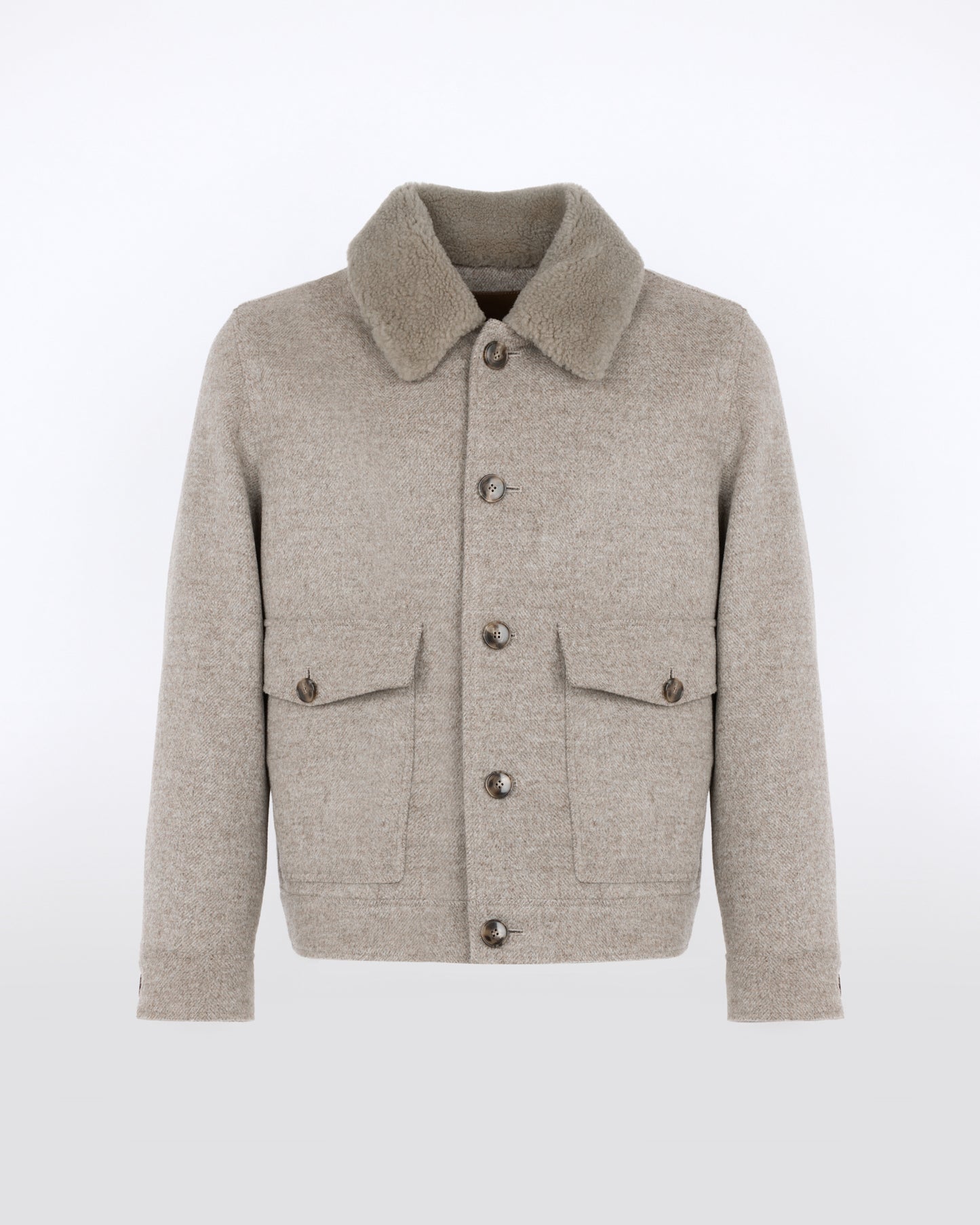 Veste en tissu en lainage chevron avec col en peau lainée d'agneau - Yves Salomon - Nouvelle collection Automne Hiver