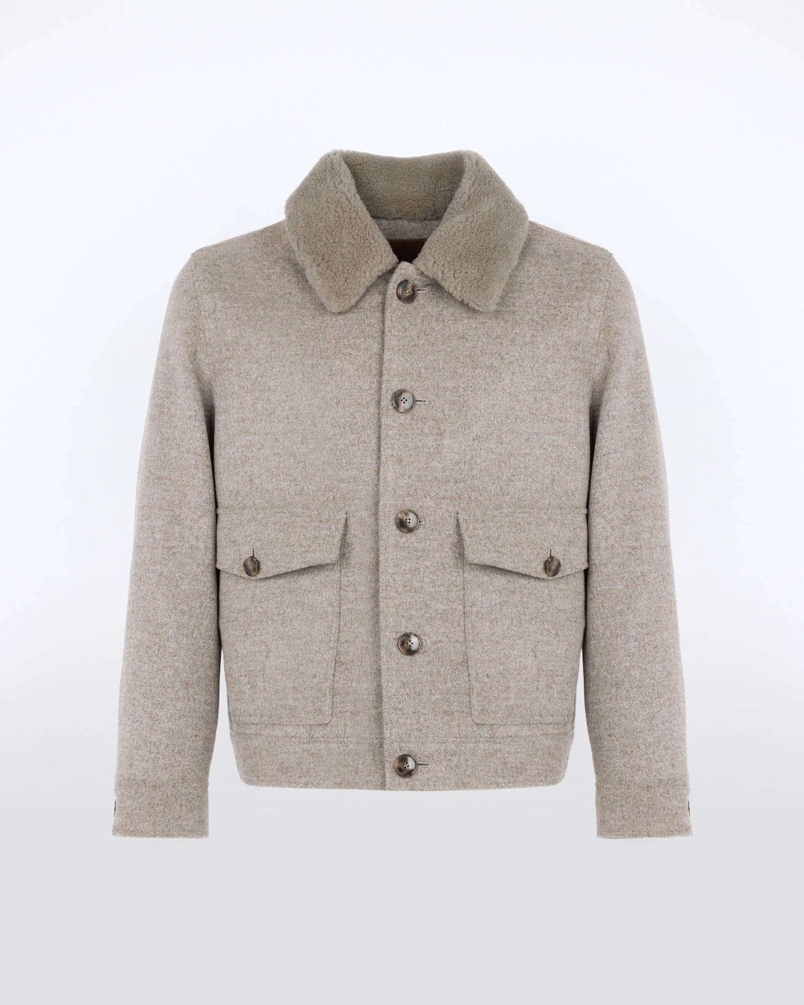 Veste en tissu en lainage chevron avec col en peau lainée d'agneau - Yves Salomon - Nouvelle collection Automne Hiver