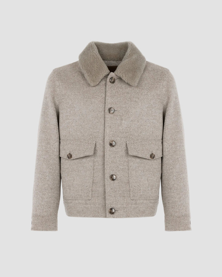 Veste en tissu en lainage chevron avec col en peau lainée d'agneau