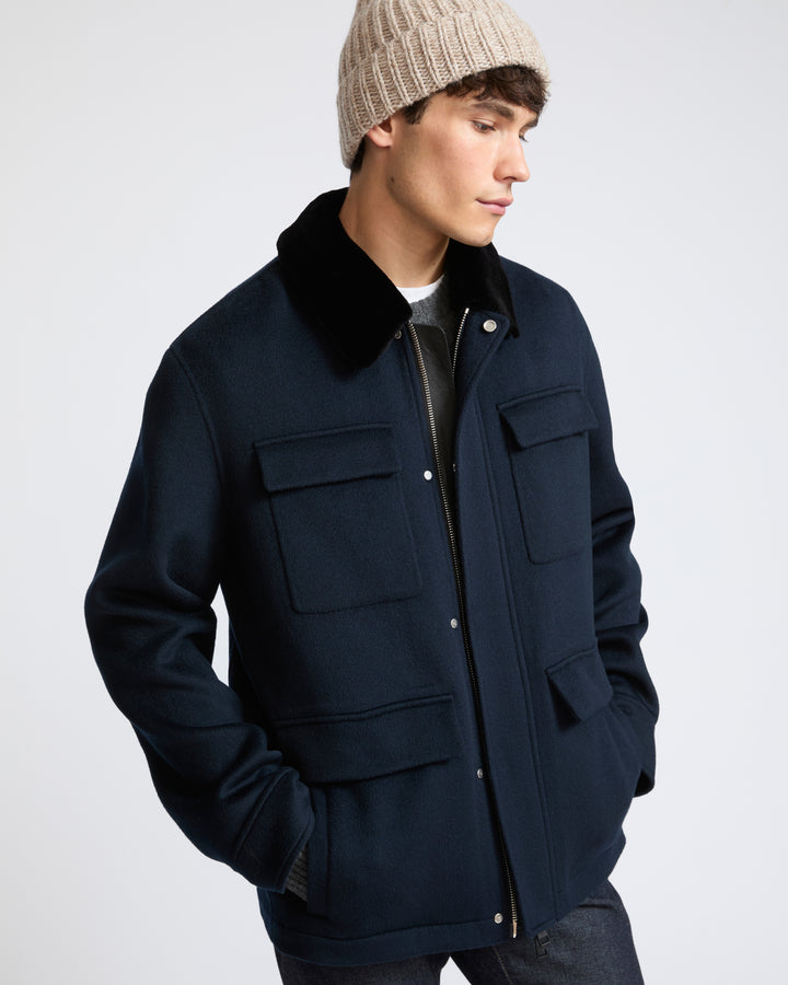 Veste en lainage cachemire double face avec col en fourrure de vison rasé- Yves Salomon - Nouvelle collection Automne Hiver