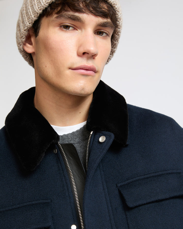 Veste en lainage cachemire double face avec col en fourrure de vison rasé- Yves Salomon - Nouvelle collection Automne Hiver