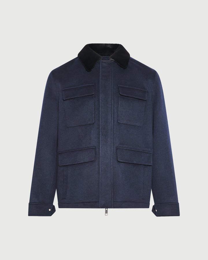Veste en lainage cachemire double face avec col en fourrure de vison rasé