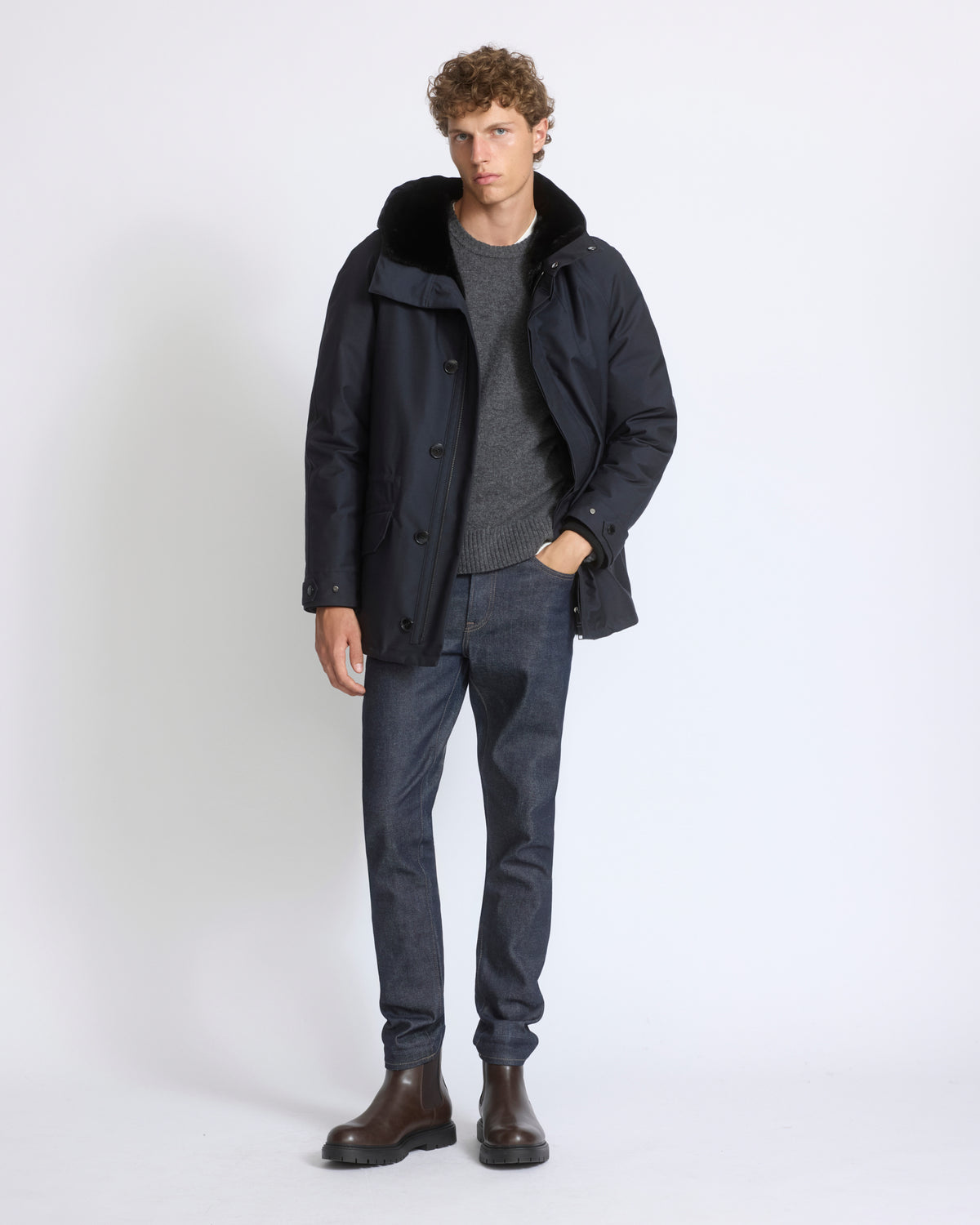Parka courte en tissu technique laine mélangée imperméable avec fourrure de vison long poil - Yves Salomon - Nouvelle collection Automne Hiver