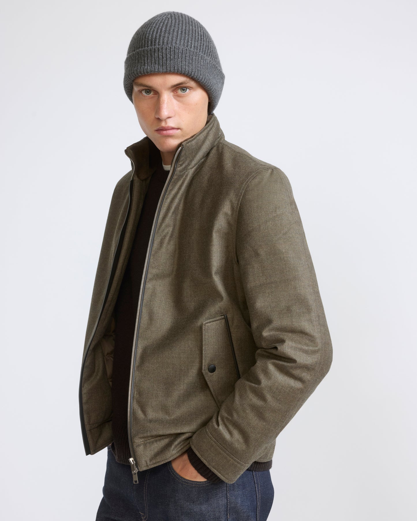 Down jacket in Loro Piana waterproof fabric with plucked mink fur trim