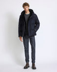 Short down jacket in flannel waterproof jacquard fabric with mink fur bib panel
