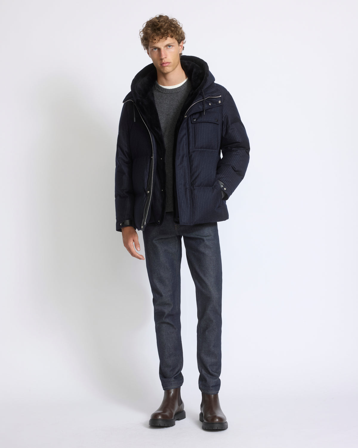 Doudoune courte en tissu jacquard Loro Piana imperméable avec plastron en fourrure de vison éjarré - Yves Salomon - Nouvelle collection Automne Hiver