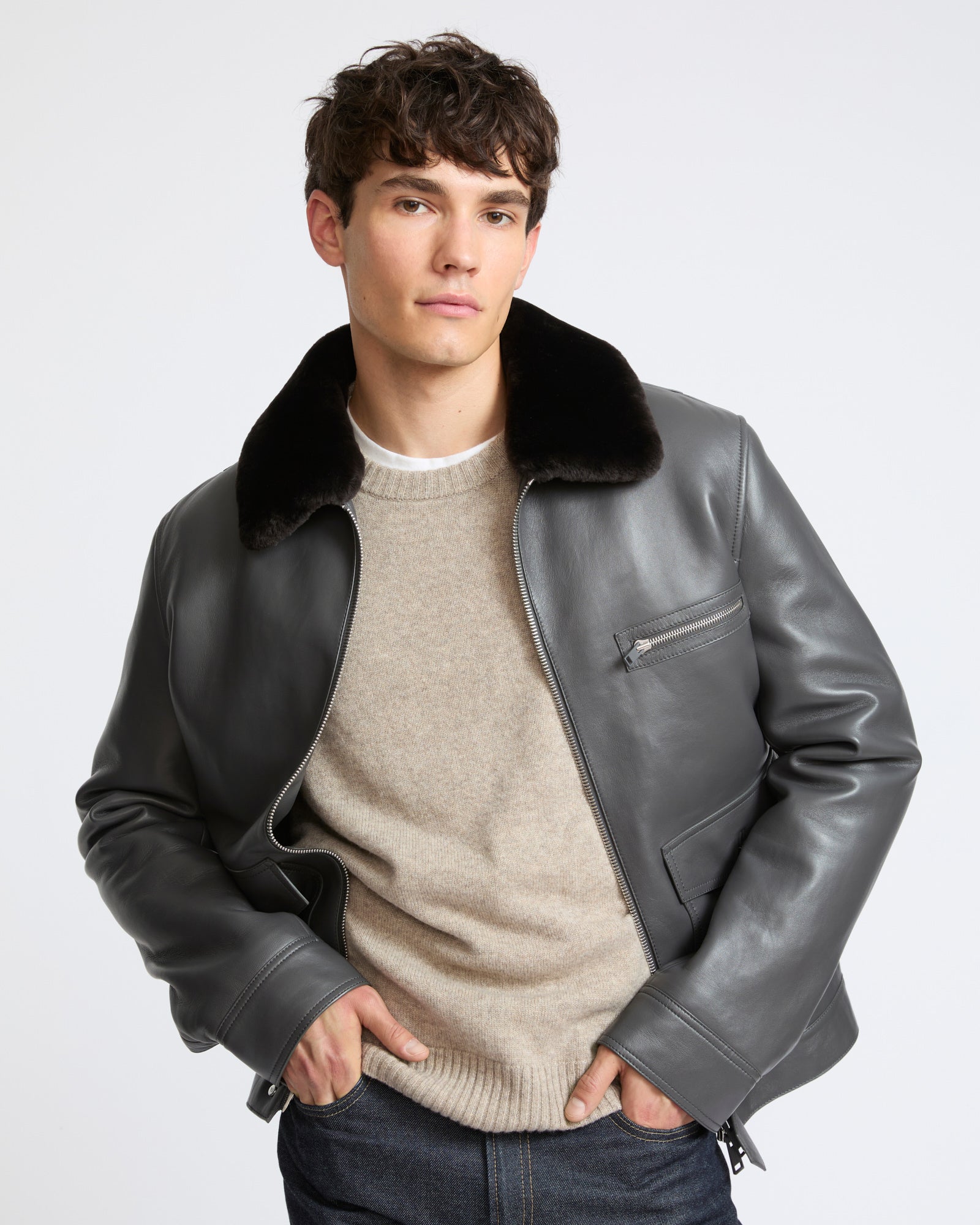 Veste en cuir d'agneau et peau lainée mérinos à laine repassée- Yves Salomon - Nouvelle collection Automne Hiver