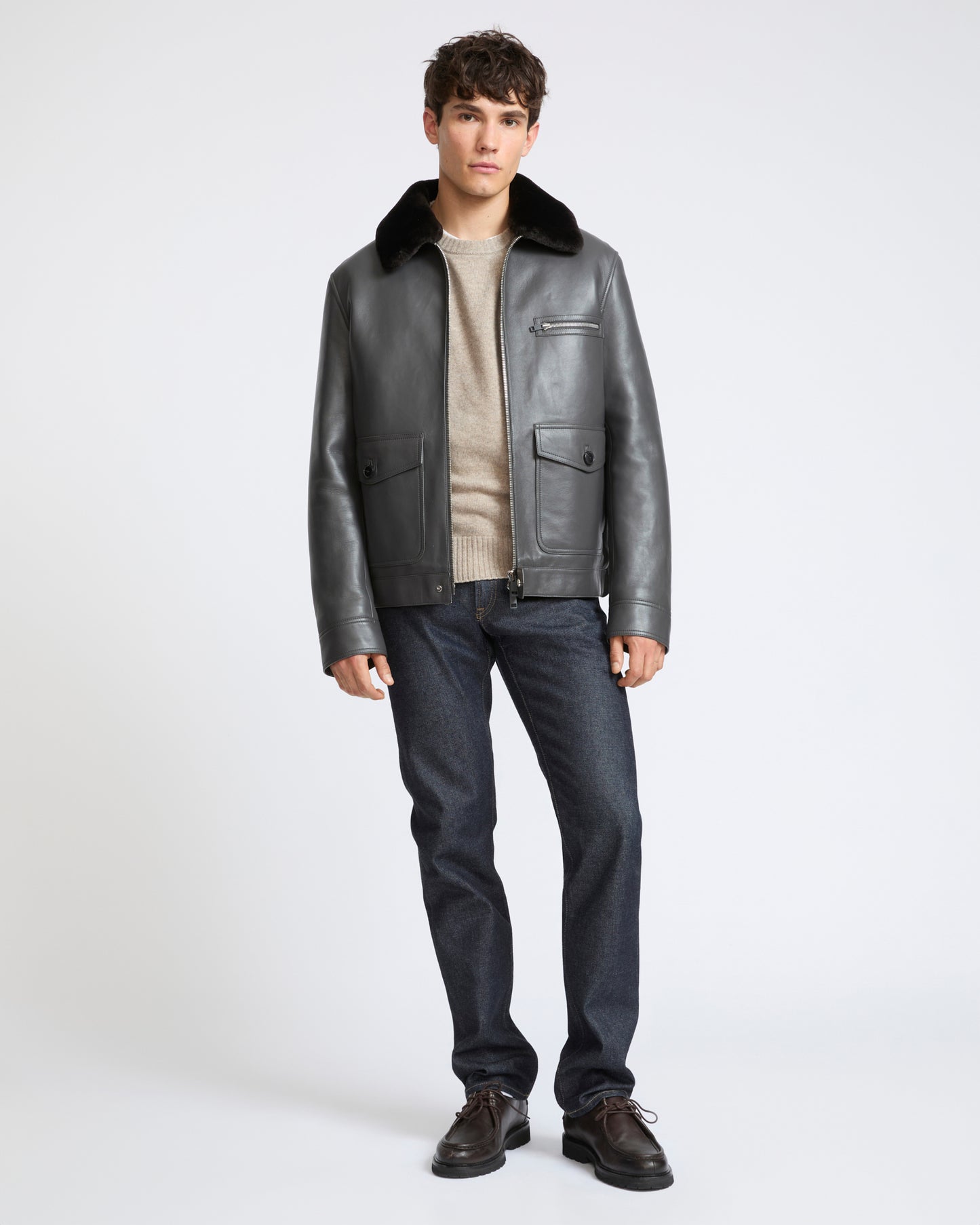 Veste en cuir d'agneau et peau lainée mérinos à laine repassée- Yves Salomon - Nouvelle collection Automne Hiver