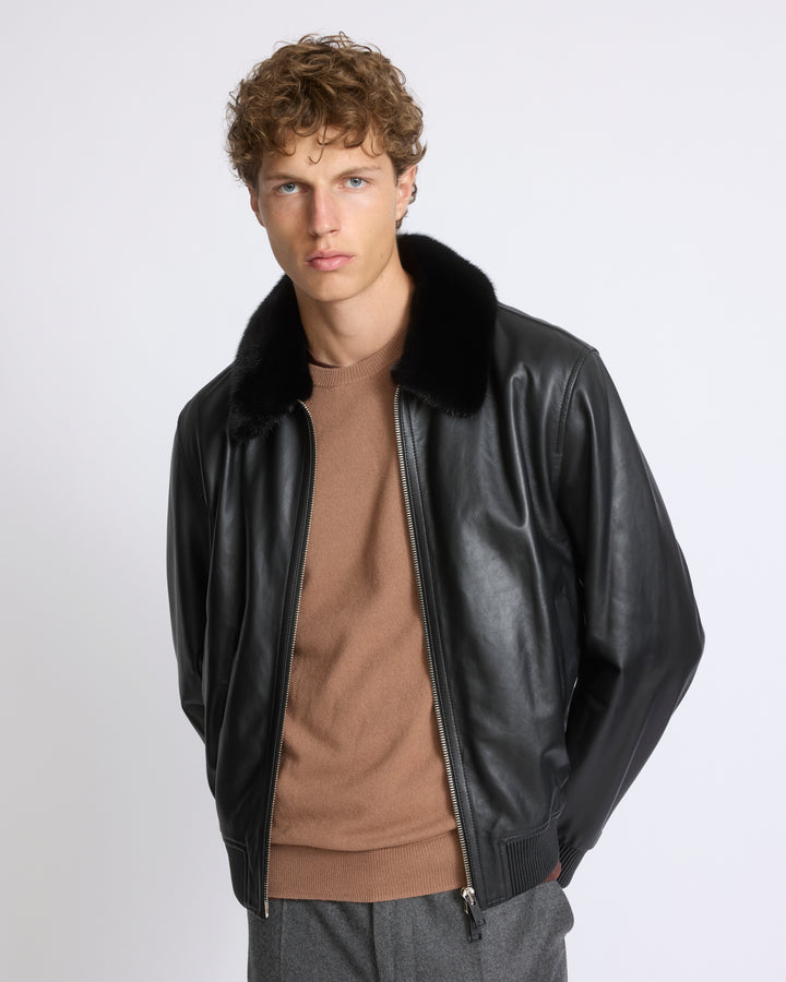 Veste en cuir d'agneau fin et col en fourrure de vison - Yves Salomon - Nouvelle collection Automne Hiver