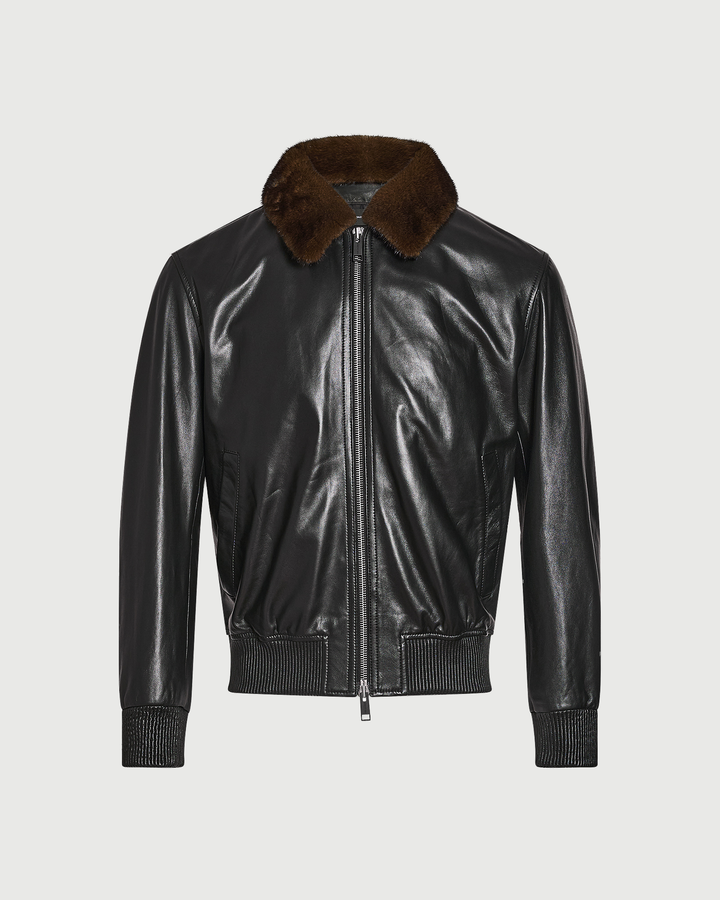 Fine lambskin leather jacket with mink fur collar