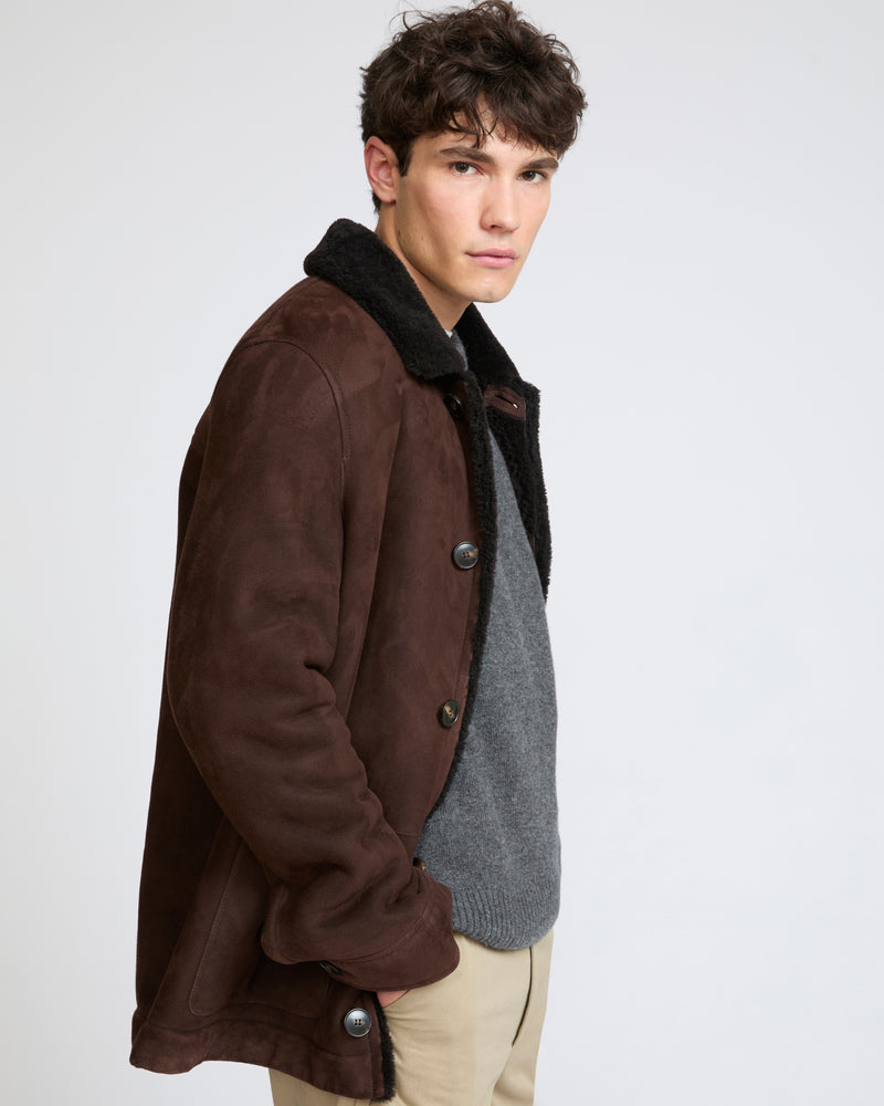 Veste en peau lainée d'agneau suède laine bouclée- Yves Salomon - Nouvelle collection Automne Hiver