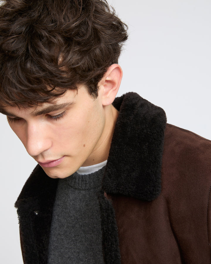 Veste en peau lainée d'agneau suède laine bouclée- Yves Salomon - Nouvelle collection Automne Hiver