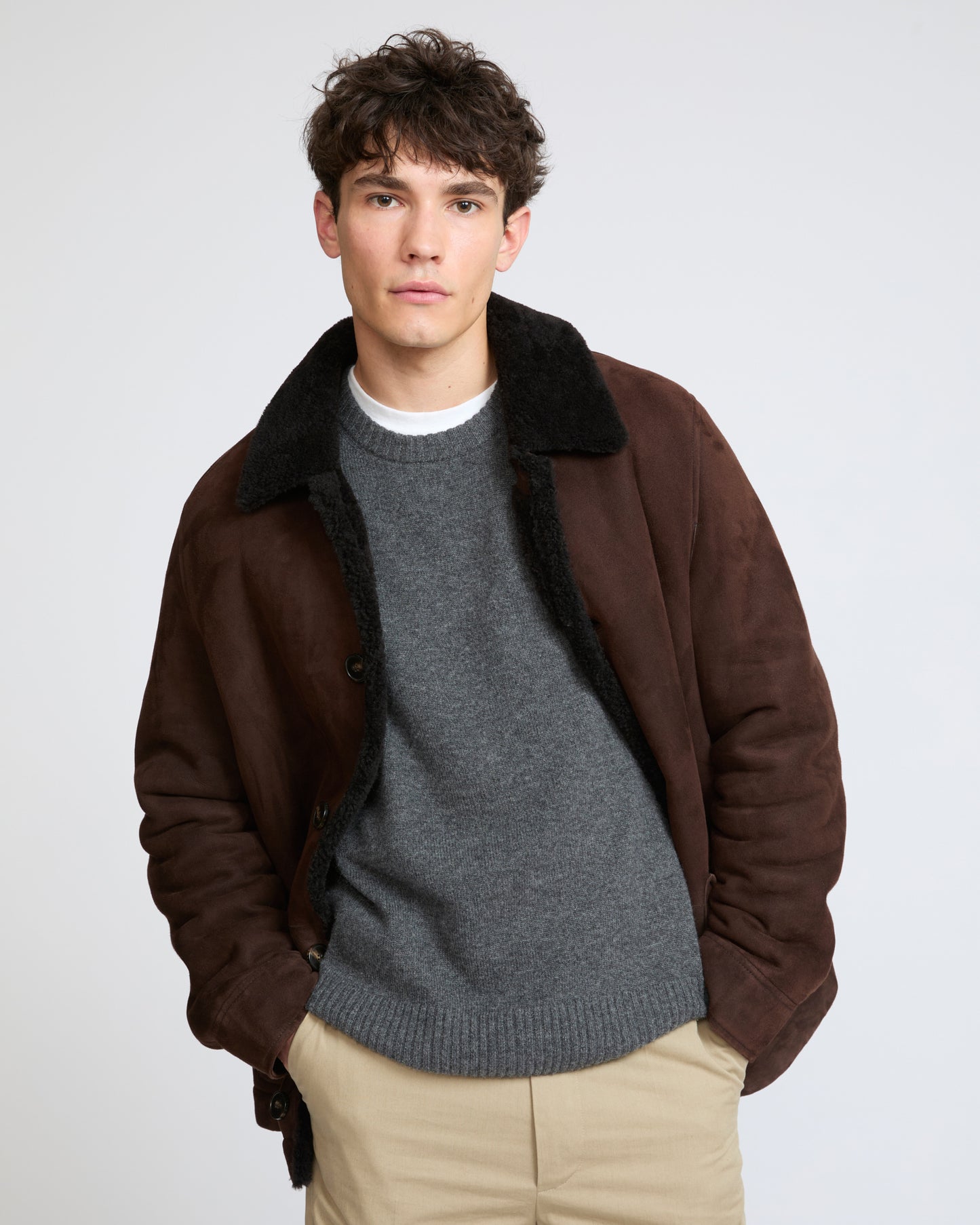 Veste en peau lainée d'agneau suède laine bouclée- Yves Salomon - Nouvelle collection Automne Hiver