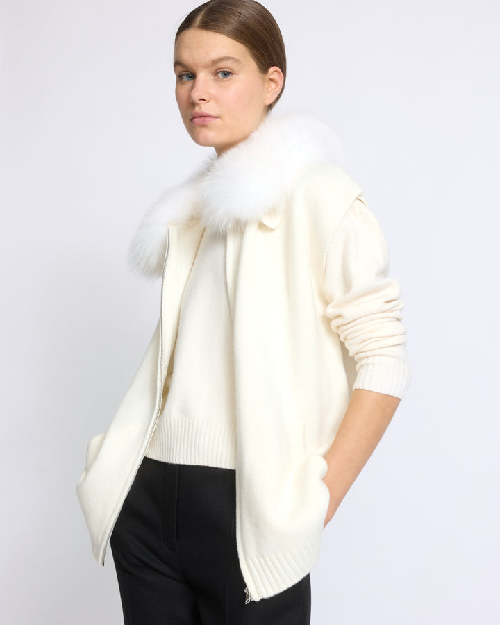 Veste en maille Mérinos et fourrure de renard - Yves Salomon - Nouvelle collection Automne Hiver