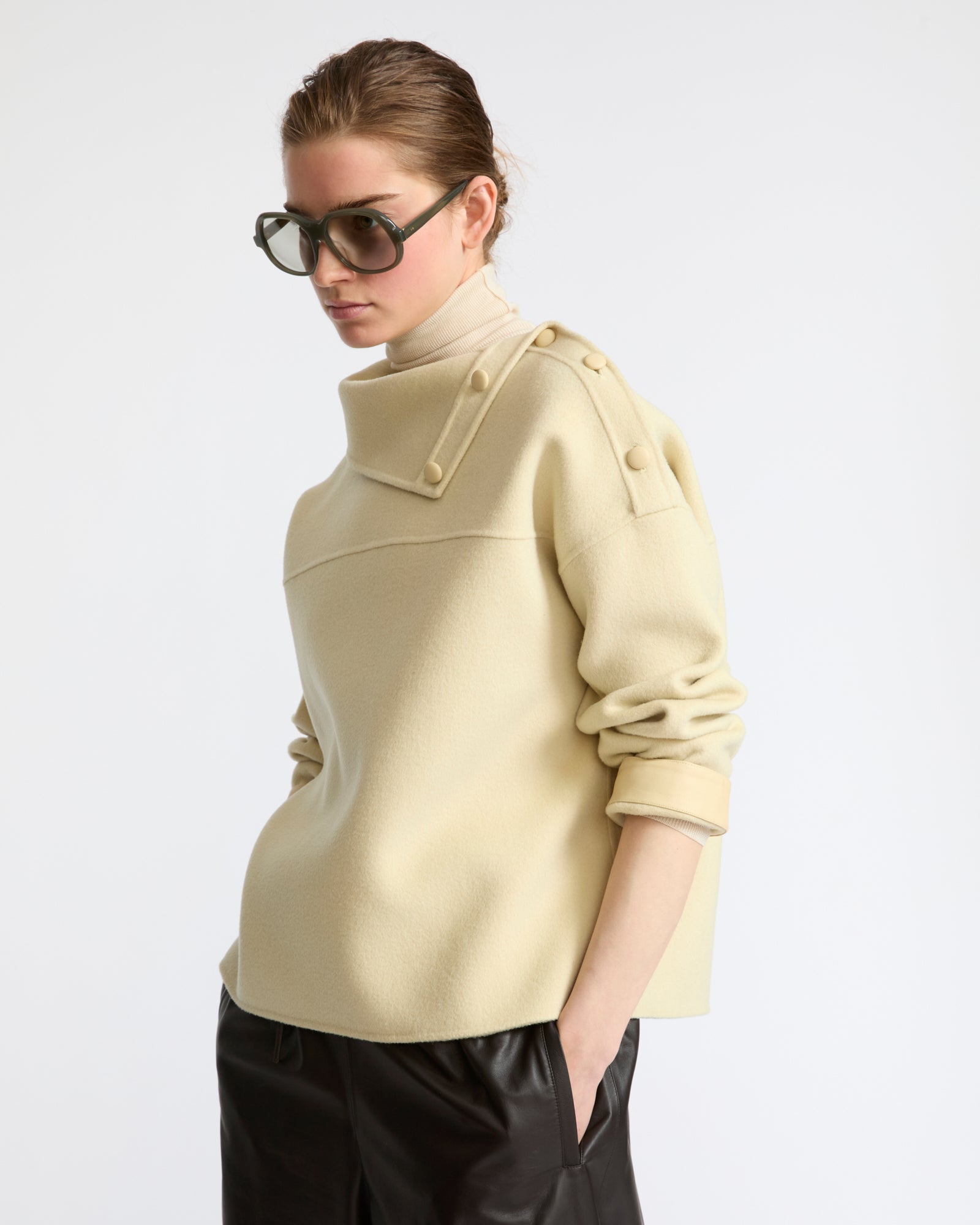 Blouse à col cheminée en lainage double face- Yves Salomon - Nouvelle collection Automne Hiver