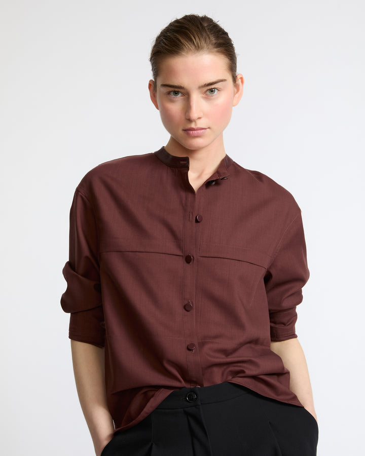 Chemise en voile de laine avec détails cuir- Yves Salomon - Nouvelle collection Automne Hiver