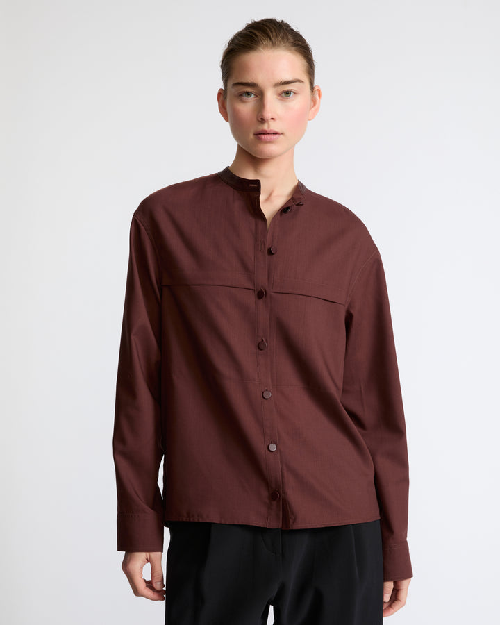 Chemise en voile de laine avec détails cuir- Yves Salomon - Nouvelle collection Automne Hiver