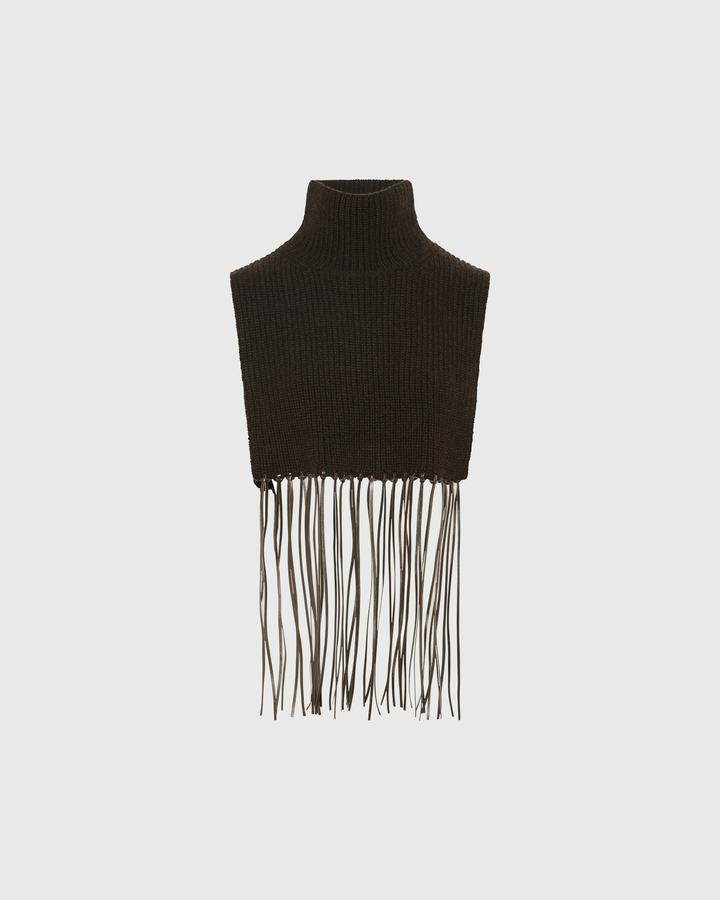 Plastron en maille 100% cachemire avec franges en cuir- Yves Salomon - Nouvelle collection Automne Hiver