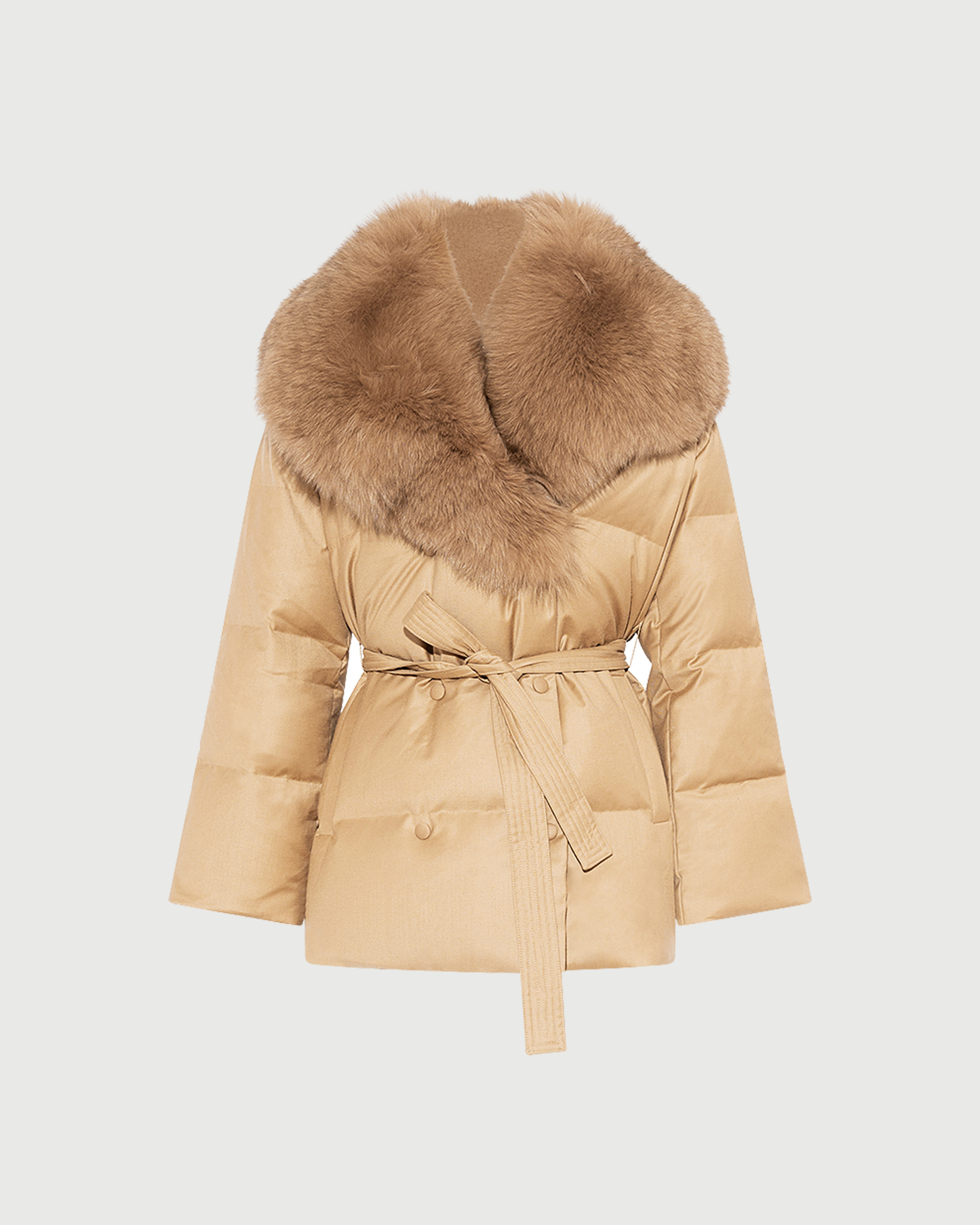 Doudoune longue croisée en tissu Loro Piana avec col amovible en fourrure de renard- Yves Salomon - Nouvelle collection Automne Hiver