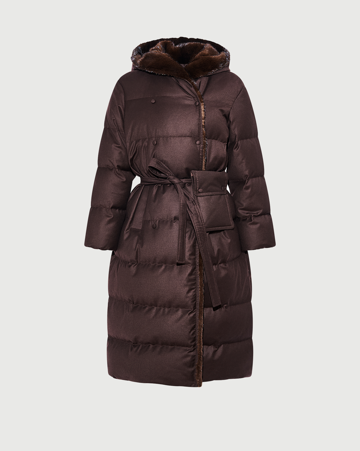 Doudoune longue croisée  en tissu Loro Piana à capuche avec fourrure de vison- Yves Salomon - Nouvelle collection Automne Hiver
