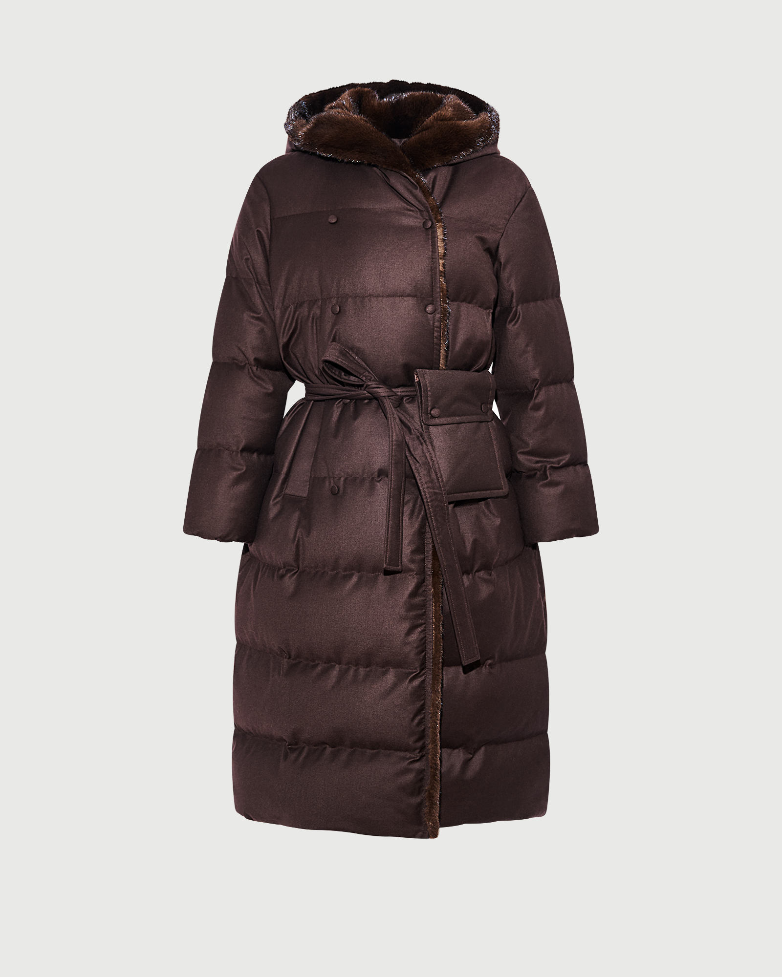 Doudoune longue croisée  en tissu Loro Piana à capuche avec fourrure de vison- Yves Salomon - Nouvelle collection Automne Hiver